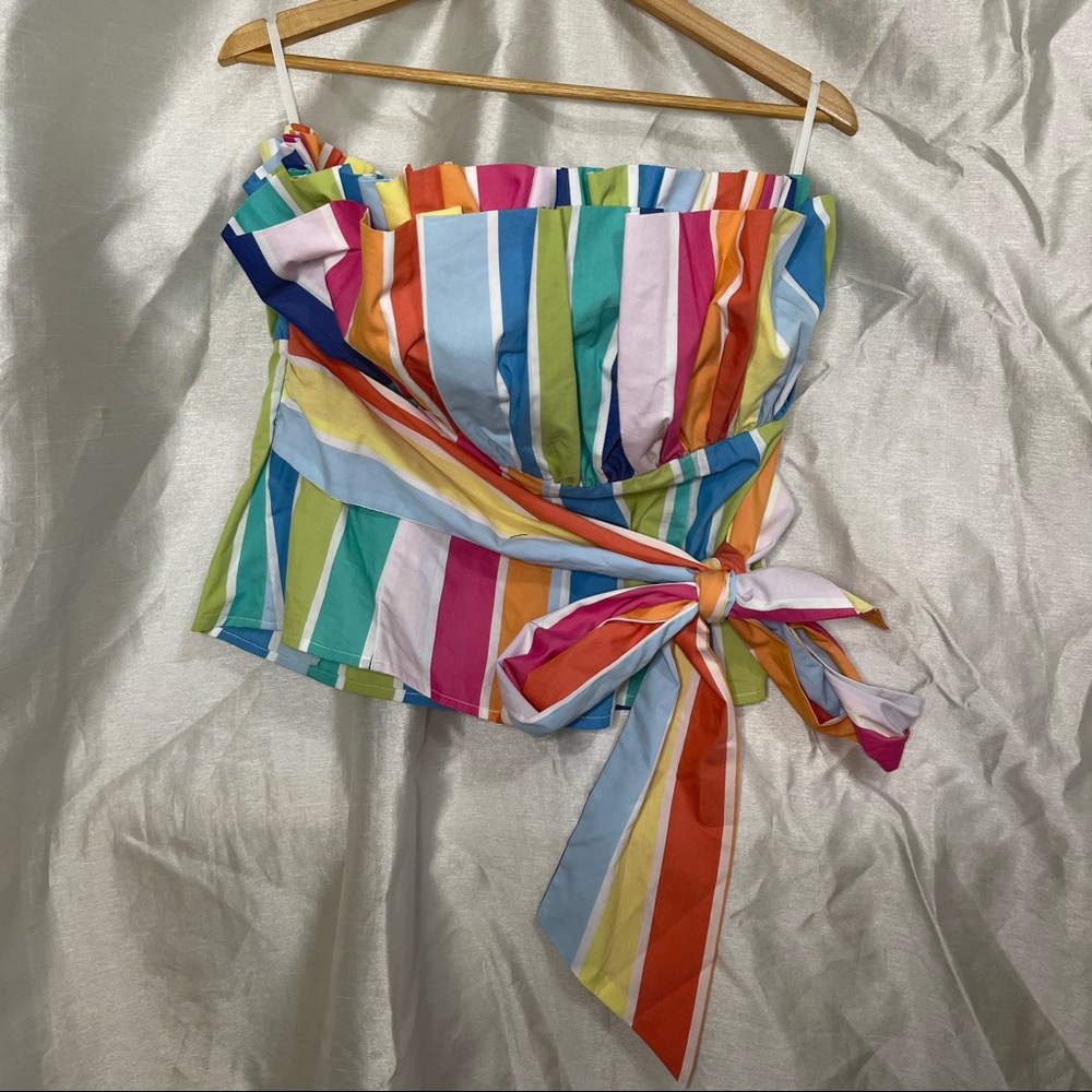 NWT NY&Co. Pleated Striped Strapless Summer Tube Top Blouse w/ Bow Tie Detail